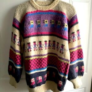 Vintage 80s Peruvian Alpaca Folk‎ Hand Knit Sweater Llama Peru Large Adult